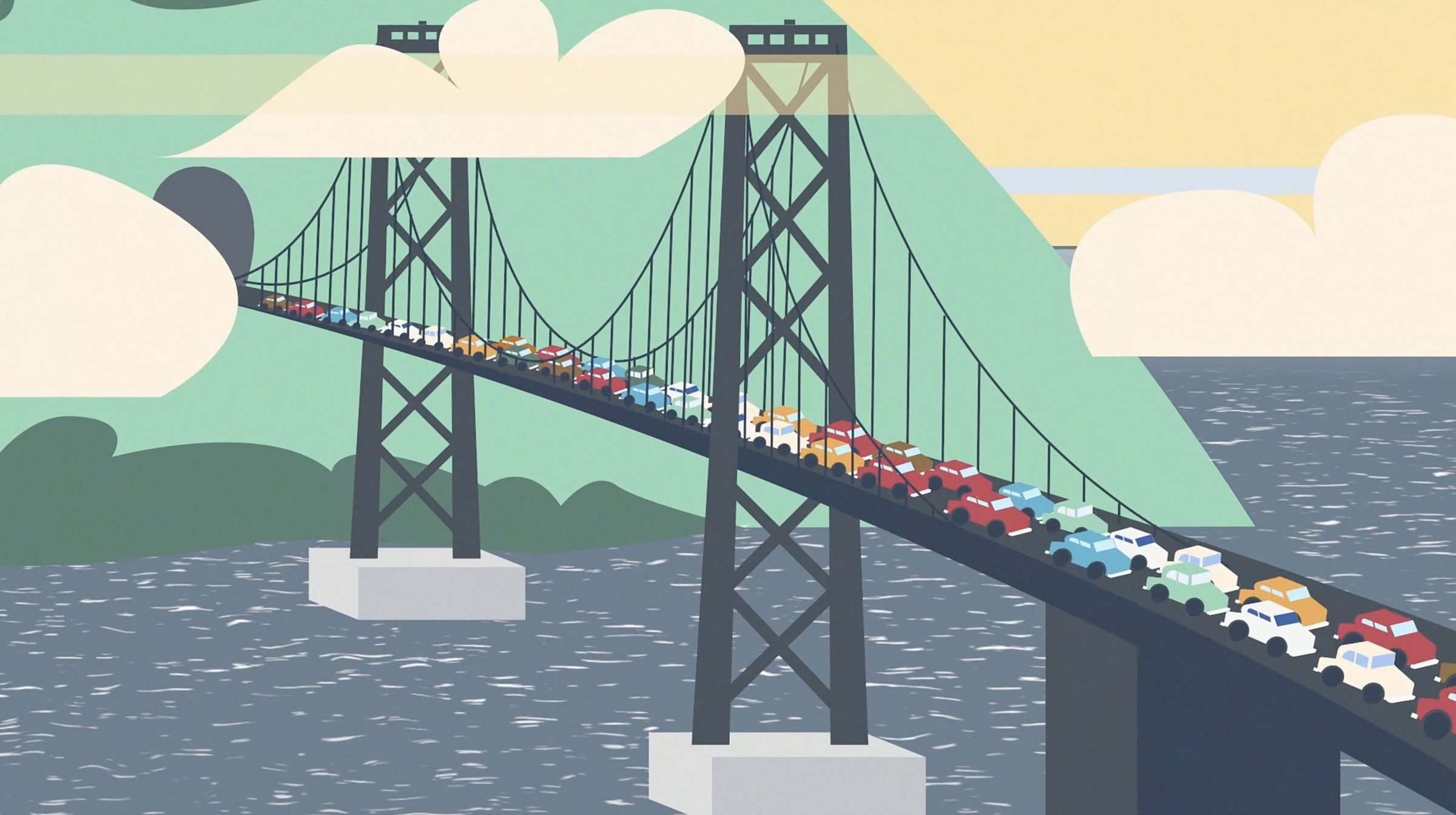 Animated illustration of cars jammed on the Bay Bridge